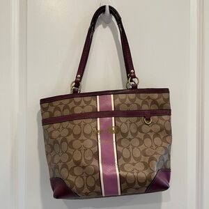 Coach Signature Coated Heritage Stripe Tote Shopper Handbag Lilac and Khaki